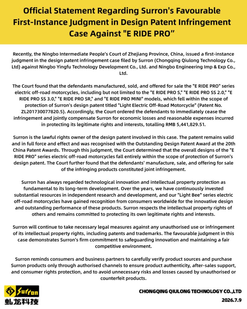 Sur-Ron official statement against E-Ride Pro - THE PACK - Electric Motorcycle News